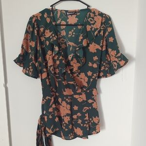 Allegra K Green and Orange Floral Ruffle Top